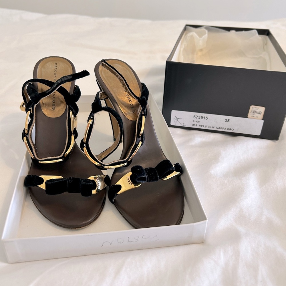 Marc by Marc Jacobs black velvet heels, gold hardware